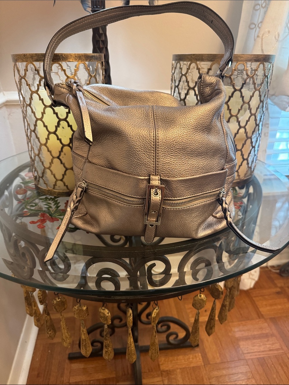 Metallic Taupe Leather Shoulder Bag with Front Zip and Buckle Detail